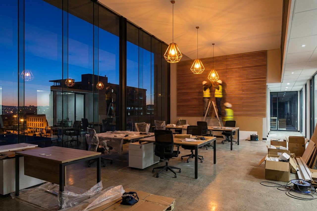 Open-plan office interior in the final stage of fit-out at dusk