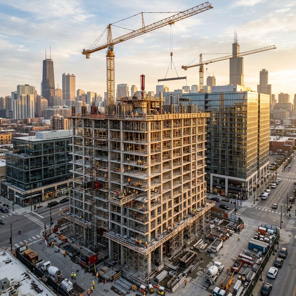 Tower cranes over a mid-rise development at blue hour
