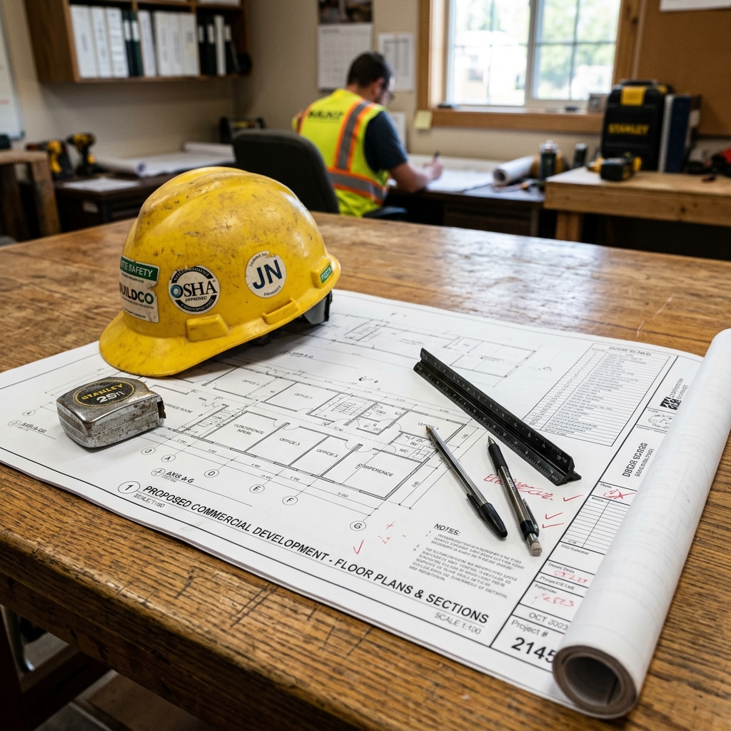 Construction drawings and hard hat on a site planning table