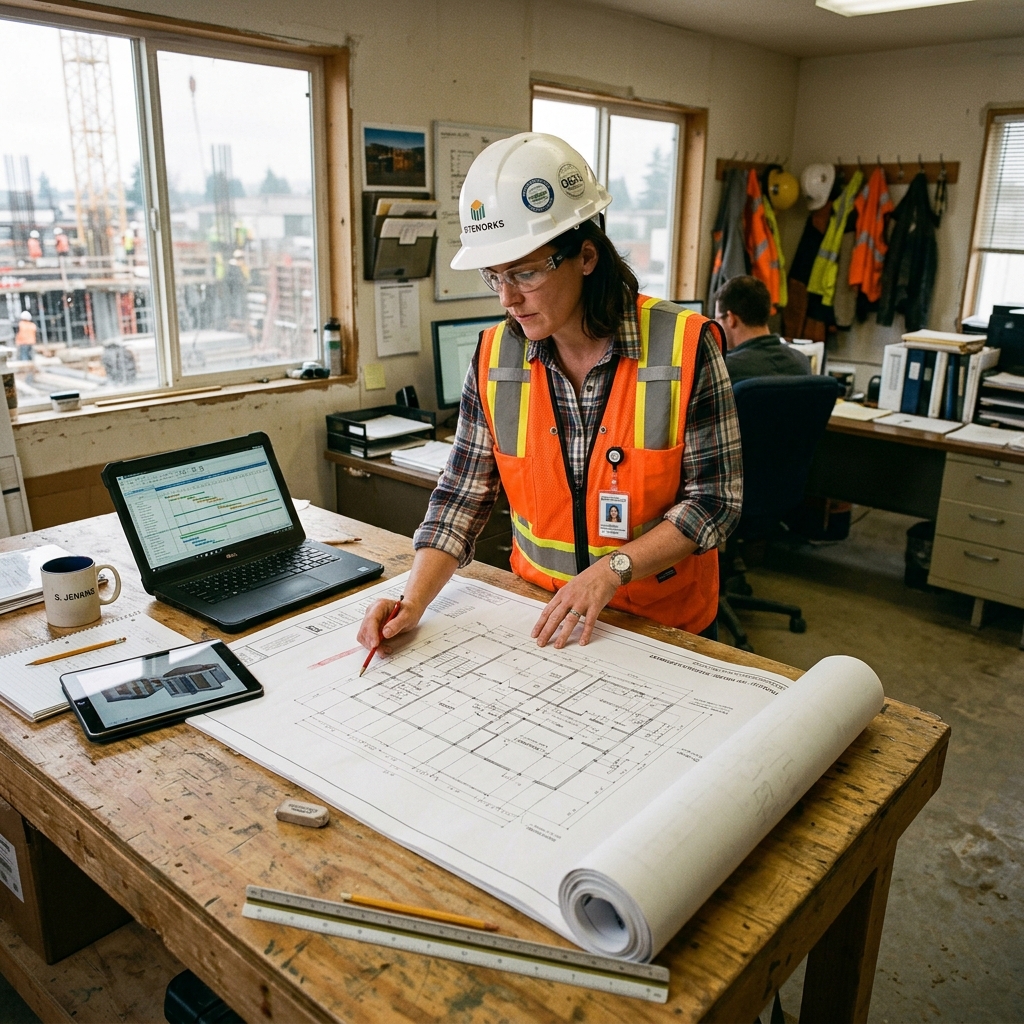 Architectural drawings, hard hat and tablet on a site planning table at dusk
