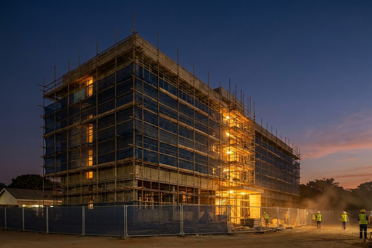 Existing building wrapped in neat scaffolding during refurbishment at dusk