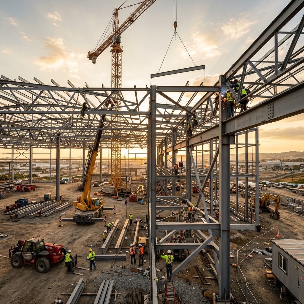 Steel frame erection at blue hour — crane hook lifting a beam into place